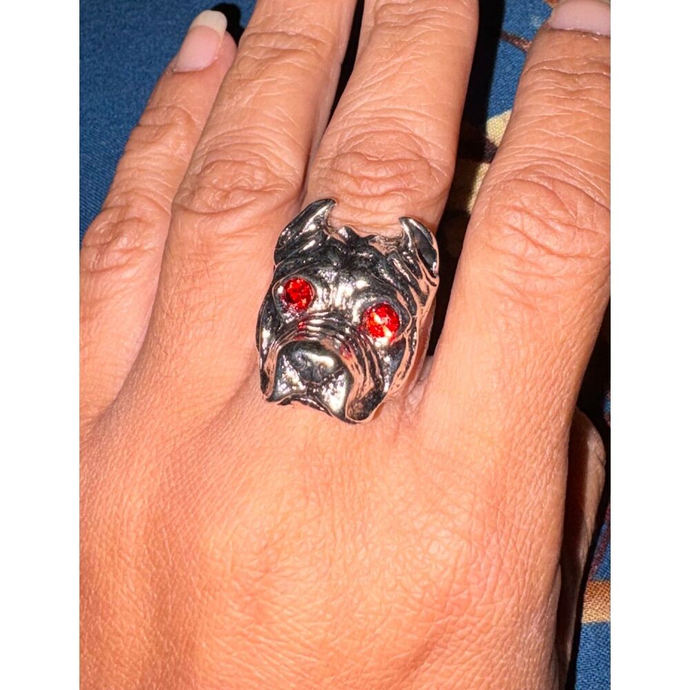 Silver Pitbull Ring with Red Eyes size 9
